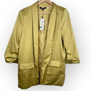 Strut & Bolt Green Boyfriend Blazer Satin Jacket Size M Lightweight Open Front